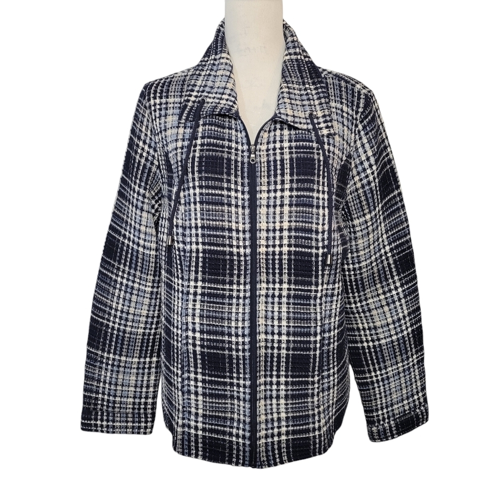 Christopher and Banks blue plaid women zip long sleeve jacket size extra large